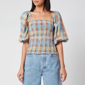 GANNI Smocked Puff Sleeve Seersucker Top in Pastel Check – EU 38 (US Small)